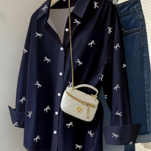 Women's Bow Print Long-Sleeve Lapel Shirt