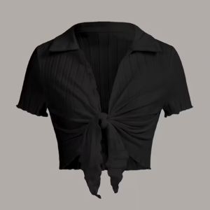 Women's Solid Color Ribbed V-Neck Knotted Top