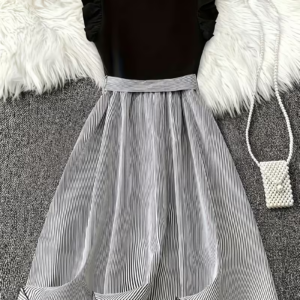 Women's V-Neck Striped Midi Dress with Waist Detail