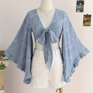 Women's Light Blue Wicker Texture Tie-Front Boho Top