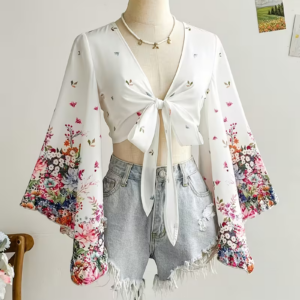 Women's White Floral Print Crop Top with Bow Tie