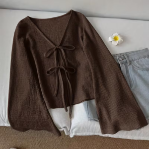 Women's Wave-Pattern V-Neck Tie-Front Cardigan Top